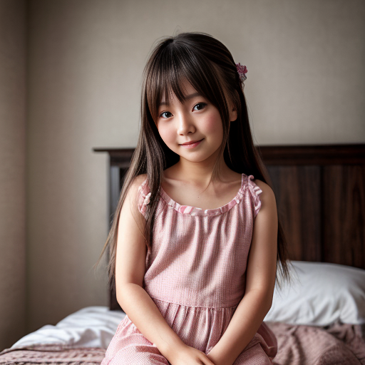 japanese little girl, long hair, nightdress, bedroom background