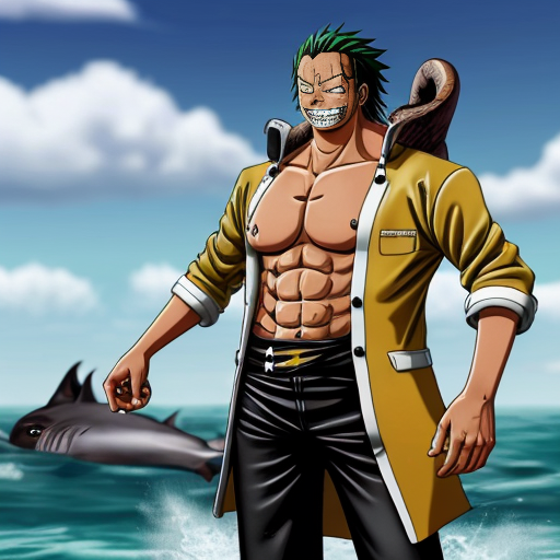 peux tu générer un personnage qui ressemblerait à Arlong de one piece. Il nporte un costume jaune abimé et à des ailerons de requins sur les bras.