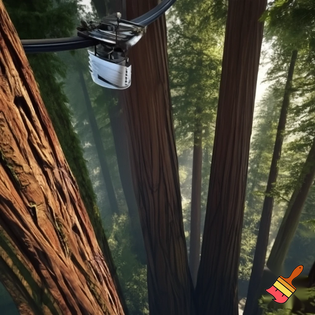 Make a realistic drop tower theme park ride inspired by the California redwood trees. With a restraint and goes up and down