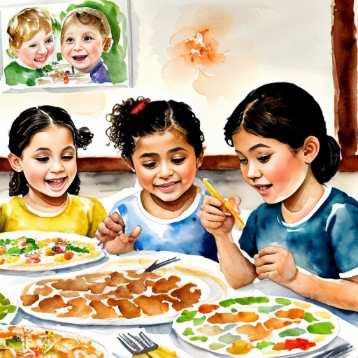 Draw a picture of children at a buffet
