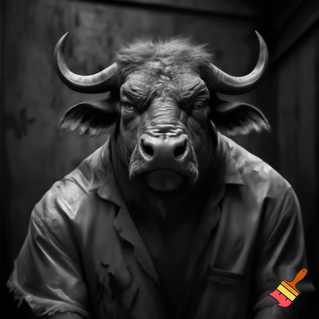 water buffalo:
mug shot standing
evil 
sinister
prison outfit
