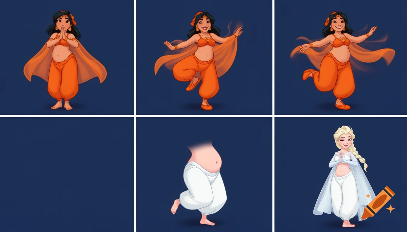 90's disney's 2d aladdin style comic dark blue background and panels of panel 1 raya barefoot with orange harem pants and orange bra and orange curved slippers with both hand palms place together and hiding the bottom of her mouth with a orange veil wrapped around her arms and attached to her head. 
panel 2 she danced with orange harem pants with orange bra and orange curved slippers with a orange veil wrapped around her arms and shoulders and raising legs and bounced up and down her belly and shook her hips left and right. 
panel 3 as raya with orange harem pants and orange bra and orange curved slippers spreading her arms, happily revealing her face to the viewer and giving a smile as she turns around shook her butt left and right. 
Panel 4 raya with orange harem pants and orange bra and orange curved slippers started to fading away , except her belly, which is bouncing around. 
Panel 5 then the ball transforms into the fading in belly of elsa barefoot with white harem pants and white bra and white veil wrapped around her arms and shoulders with her swaying her hips. 
Panel 6 elsa barefoot with white harem pants, white bra and white veil wrapped around her arms and shoulders and with her hand palms place together between her chest and she gives a smile and winking her left eye.  