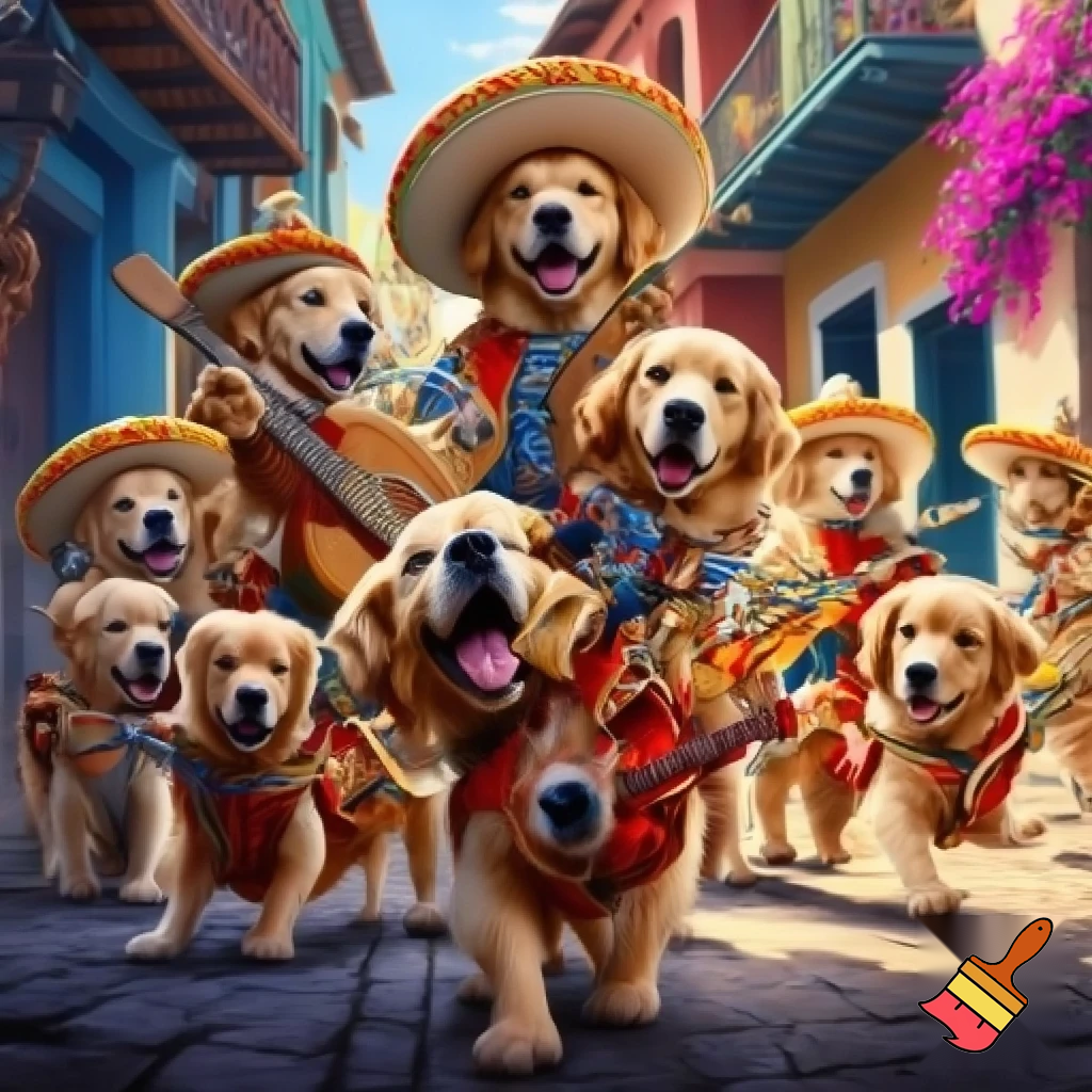 A mariachi band made up of golden retrievers 