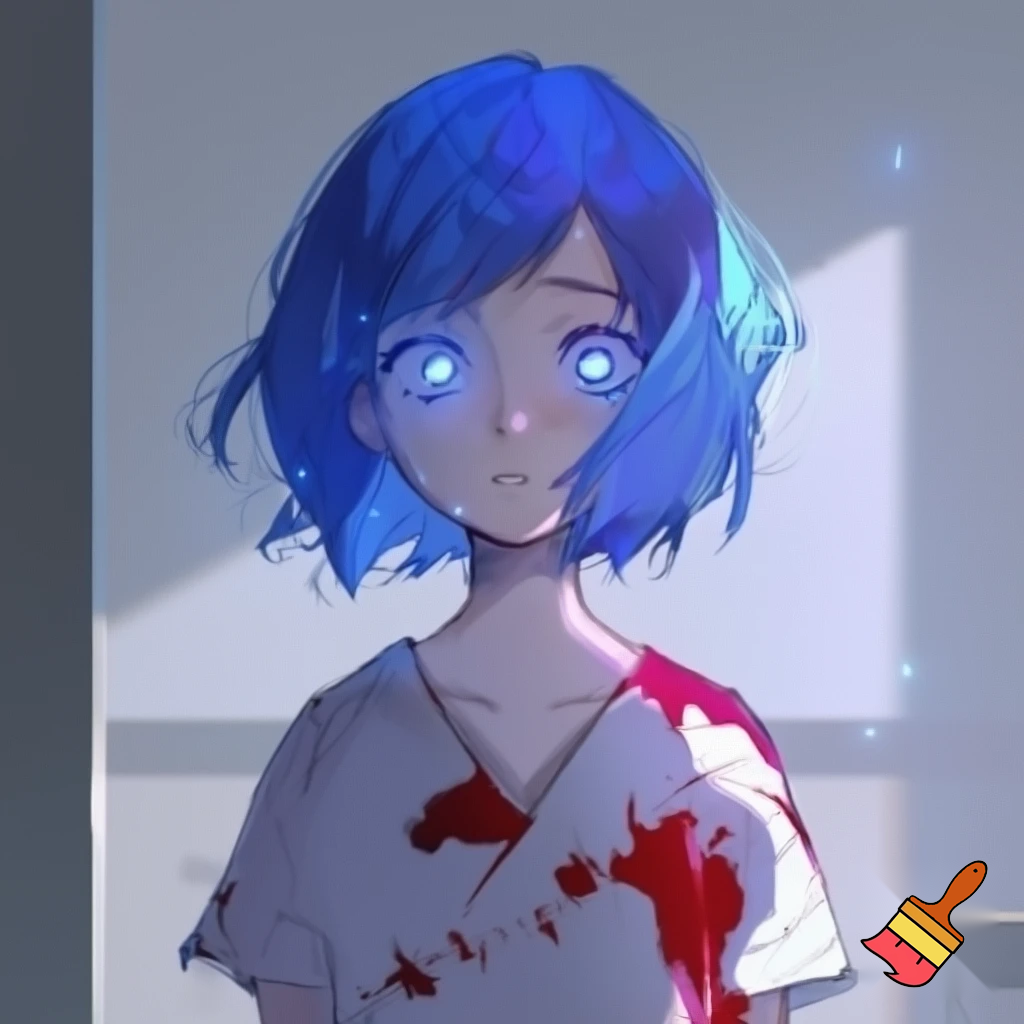 An innocent anime girl with short blue hair and glowing blue eyes wearing a bloody hospital gown