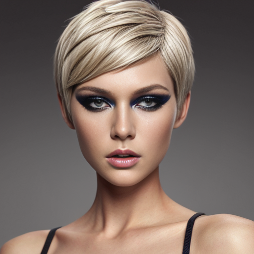 Attractive woman with an ash blonde pixie cut and a slim build wearing bold makeup
