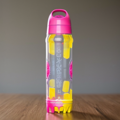 an energy drink bottle for boosterade  the plastic see through bottle is blue yellow and pink 
