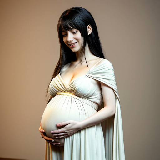 Anime style, Pregnant Albedo gently holding her belly with a warm smile, wearing a soft white and gold dress instead of armor, long flowing black hair, black wings folded peacefully behind her. Ainz Ooal Gown stands beside her calmly, resting a hand near her shoulder in a protective pose. Soft magical glow in the background, peaceful atmosphere, warm lighting, gentle expressions, wholesome and elegant composition.