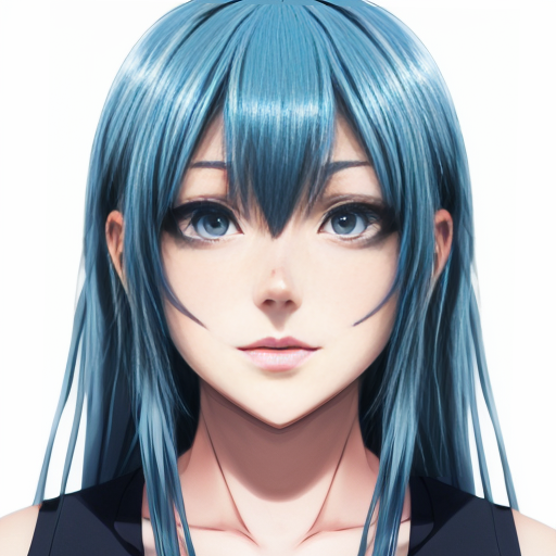 Simple anime. Female. Blue hair. Blue eyes. Head shot.