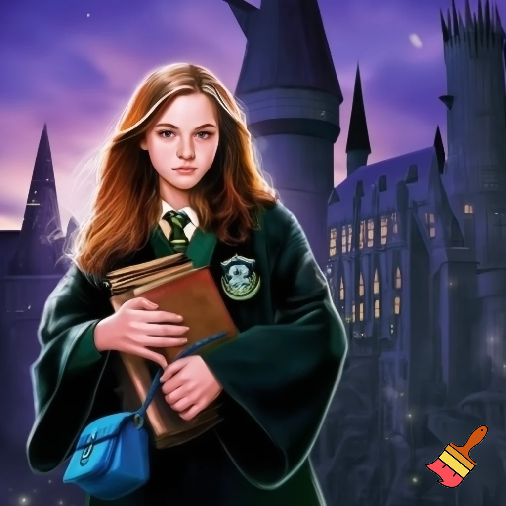 Make me a picture of a young 5'2, 14 year old girl with straight brownish-blonde hair and pale skin and glasz colored eyes. She is wearing Slytherin robes and standing in front of Hogwarts holding her books and she has a small blue side bag