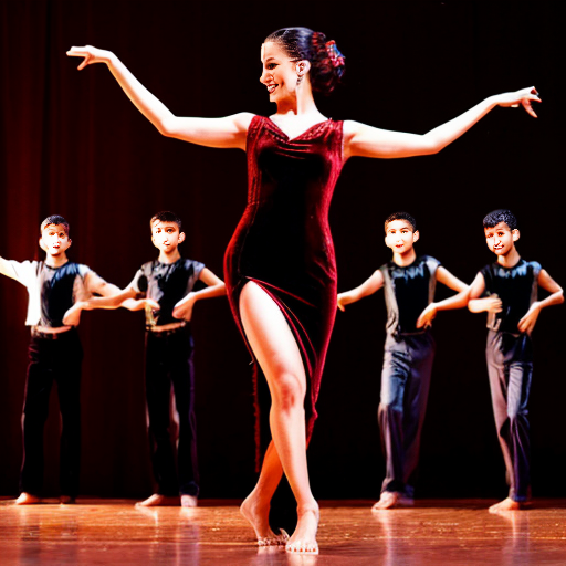 Mom dancing with group of boys a latin dance.she is wearing velvet leg slit dress.red rose on her hair.