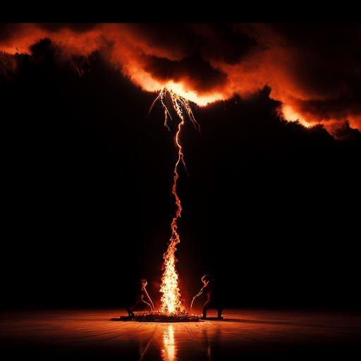 Surreal symbolic cinematic illustration.

All human figures are full-body solid silhouettes, completely filled with a single flat matte color. No facial features, no eyes, no mouth, no anatomy details, no clothing details, no texture.

Scene composition:

Foreground:

In a vast dark environment, a fallen male silhouette lies on the ground. A dark symbolic dagger shape is embedded in his chest. A deep red glow spreads beneath his body on the floor.

Midground:

Four solid-color human silhouettes kneel around him in grief, leaning toward him. From the center of their chests, intense flames rise upward, dramatic and dynamic.

Behind one grieving figure stands another silhouette holding an unlit torch. He lights his torch from the flame rising from the grieving figure’s chest that comes from his upper back when his chest is more toward the ground

Background:

A large crowd of solid-color silhouettes stands behind them, raising burning torches toward the sky.

Sky:

Above the entire scene, a massive swirling black cloud dominates the sky. The rising flames from the torches and burning chests reach upward and begin to burn and dissolve the dark cloud.

Lighting:

Extremely dark atmosphere. The only light sources are the flames. Strong cinematic contrast. Volumetric fire glow. Light reflecting softly on the matte silhouettes.

Mood:

Epic, emotional, symbolic, tragic yet revolutionary. Wide cinematic composition, low camera angle, dramatic scale, high detail, 4k.