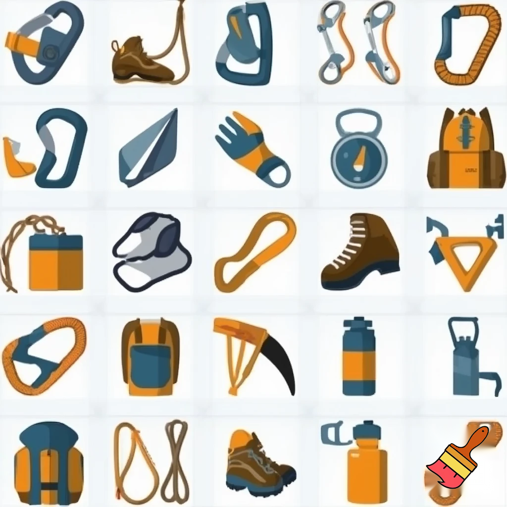 draw me 20 icons of climbing and hiking items