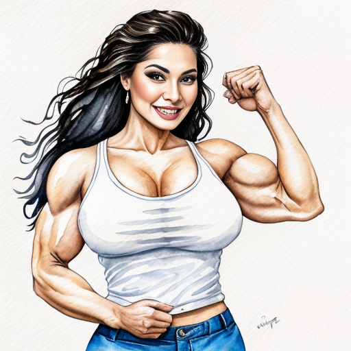 Female care bear with black fur, large and muscular arms, huge muscles, circular eyes, eyelashes, sharp teeth, claws, busty, two meters tall, large breasts inside blue T-shirt and pants.