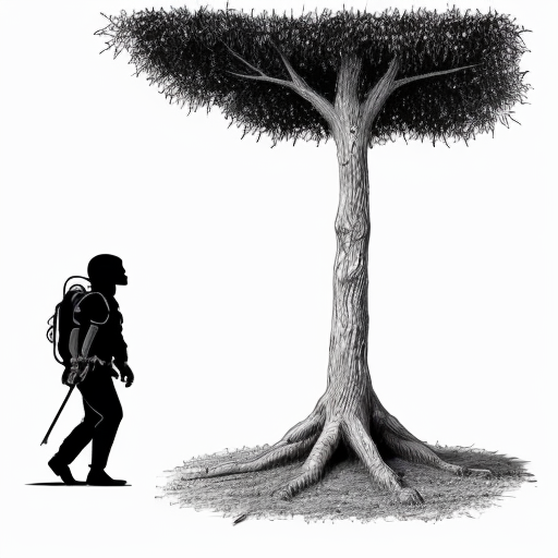 Ancient human survival

Stick figure hiding behind tree, predator in distance, black and white, minimalist, xkcd-style, survival concept illustration