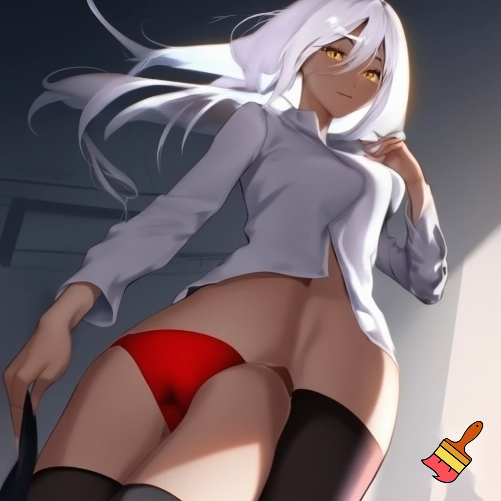 Anime girl 20 years old so cool and cute with red underwear clothes is dressing very short shirt and thigh high socks is standing in cool pose and tall white hair and gold eyes make is so anime and make it so cool and cute