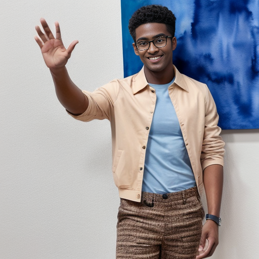 A Gacha brown skinned boy with dark brown hair, brown glasses and a brown pattern jacket with a white shirt, blue pants and black shoes. Waving at the camera 
