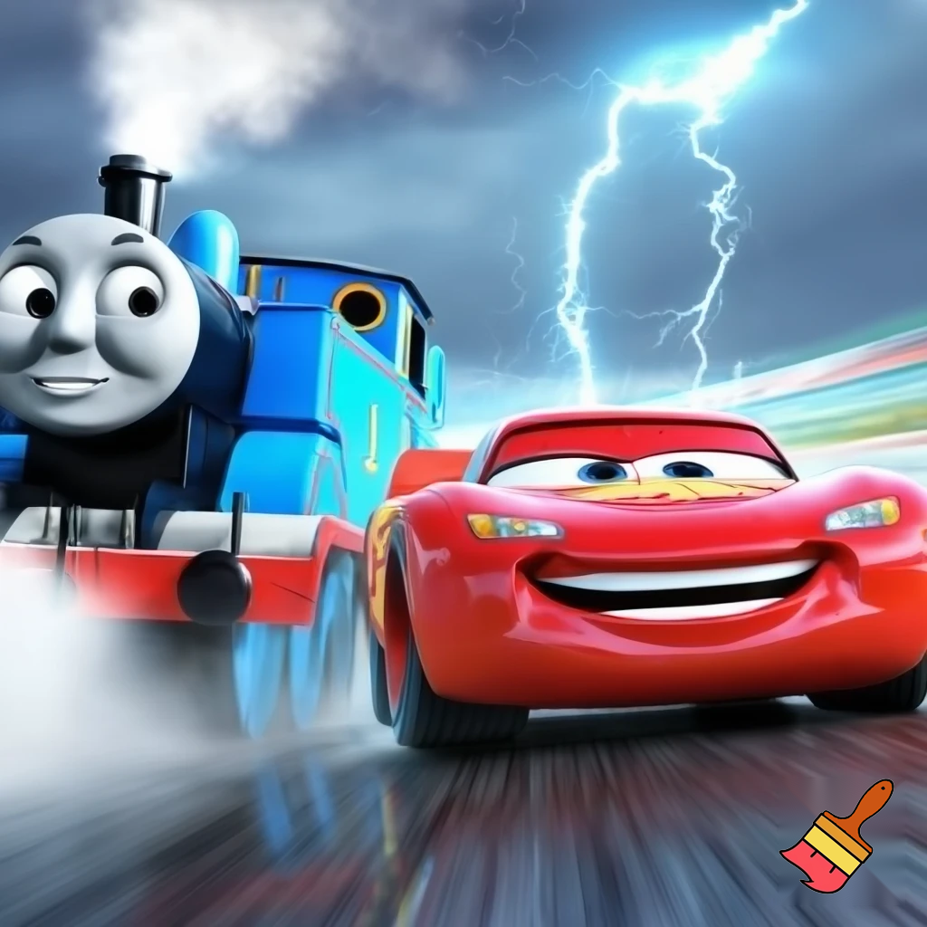 Thomas the tank engine racing with lightning McQueen