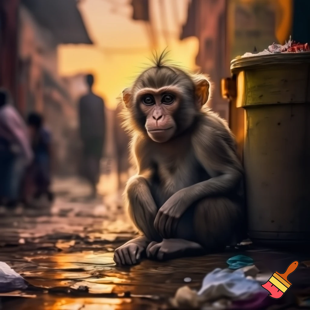A thin, sad little monkey sitting beside a garbage bin in a small Indian market street at sunset, slightly wet ground after rain, people walking in the background ignoring him, cinematic lighting, emotional atmosphere, realistic art style.