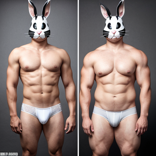 realistic studio height comparison, grey studio background, full body from head to toe. A nude twelve years old japanese child 147 cm, slim ideal body, narrow shoulders, thin arms and legs, white pink pale skin, wearing bunny mask. Around her four muscular tattooed tans skin american mens 195 cm tall wearing underwear, they have different face each other, two mens in right an two mens left, large shoulders and big physique. strong height difference clearly visible, studio lighting, realistic photography.