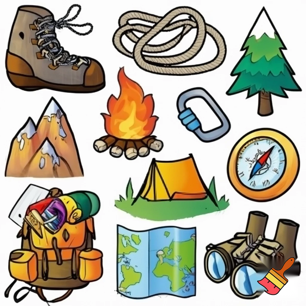 single icons of nature exploration in cartoon style : climbing shoe, cord, fir tree, mountain, campfire, tent, carabiner, compass, backpack, world map, hiking shoe, binoculars
