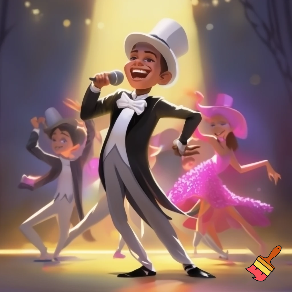 Preteen Boy in Shiny Top Hat White Bowtie Black Tailcoat Black Shiny Shoes Singing in Microphone on big Stage smiling. Behind him, two dancing boys in Top Hats and Tailcoats and two dancing Girls in Shiny Pink Hats and Sequined Pink Ballroom Dresses
