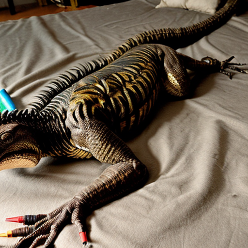 A sleeping female Velociraptor. There are 6 tranquilizer darts in her butt, 3 in her tail, and 2 on her nose. 