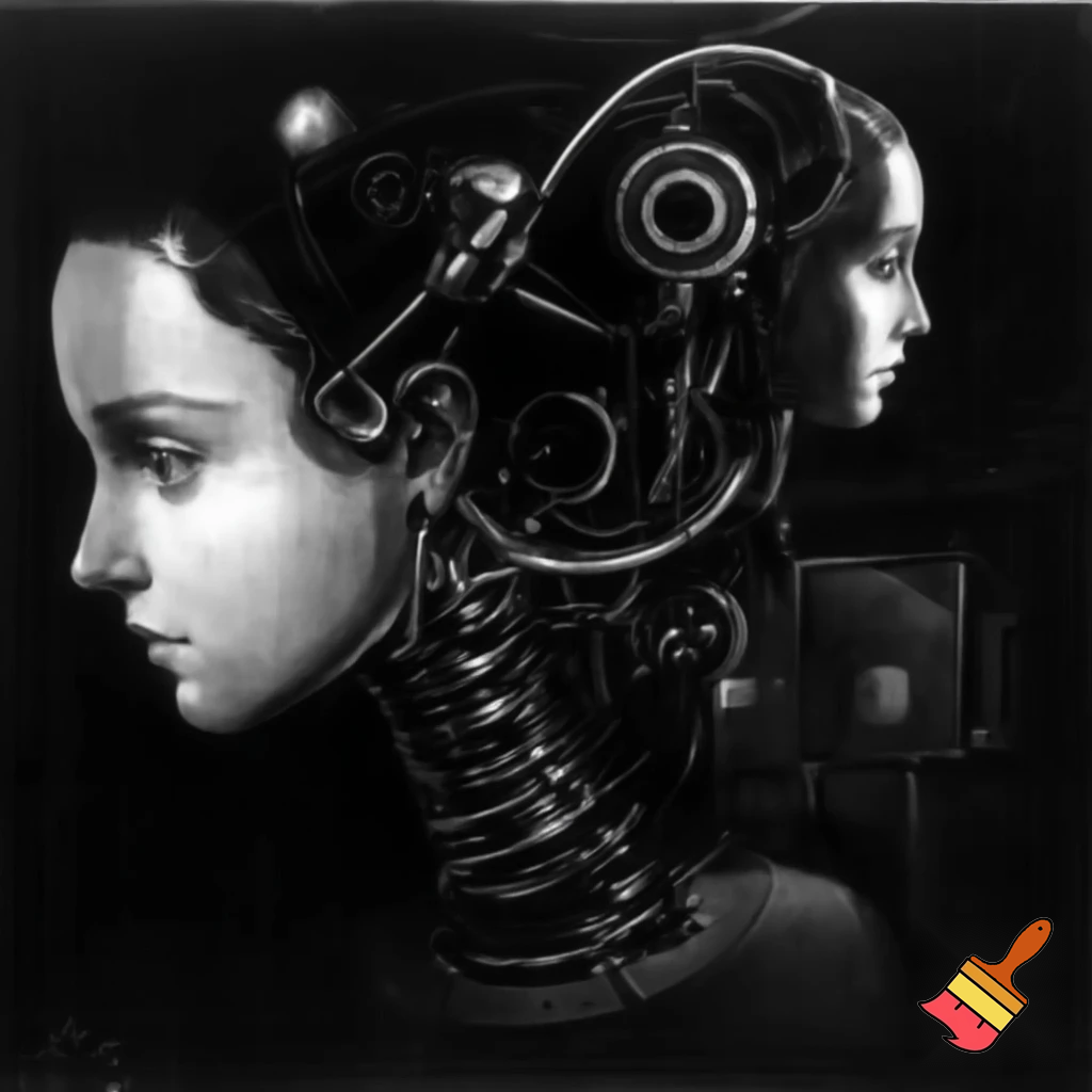 Bio-mechanical girl portrait, noise art. In the style of a 1920's German Expressionism. Black & white.