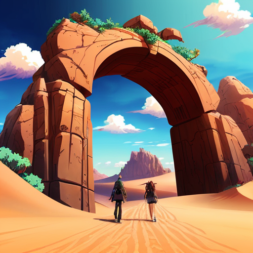 Paint and desert arch with multiple abstract figures in Tanguy style