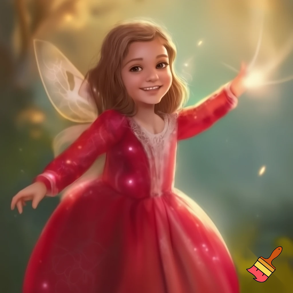 Crea la imagen real de una niña de 10 años con disfraz de hada madrina color rojo