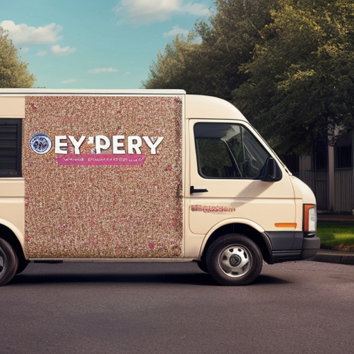 A white delivery van (side view) with full vehicle wrap design for "Тортик" bakery. On the side: large logo, the slogan "Сладость, объединяющая семью", phone number + website, and a playful graphic of scattered candy sprinkles in brown, cream and raspberry colors. The design is eye‑catching but clean, not cluttered. The van is parked on a sunny residential street. High resolution, realistic automotive mockup, bright daylight.