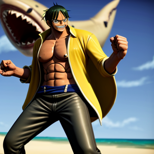 peux tu générer un personnage qui ressemblerait à Arlong de one piece. Il nporte un costume jaune abimé et à des ailerons de requins sur les bras.
