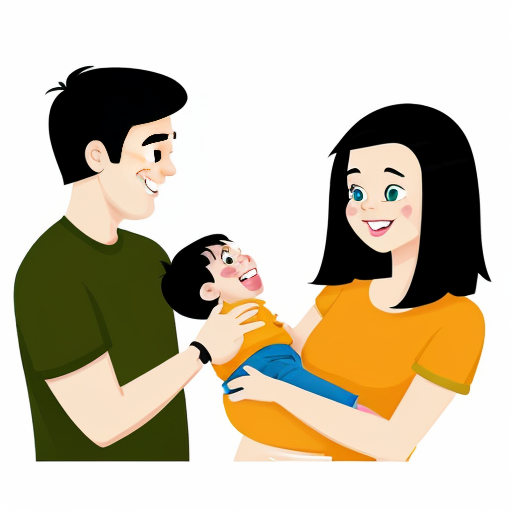 cartoon image of parents holding baby boy with black hair
