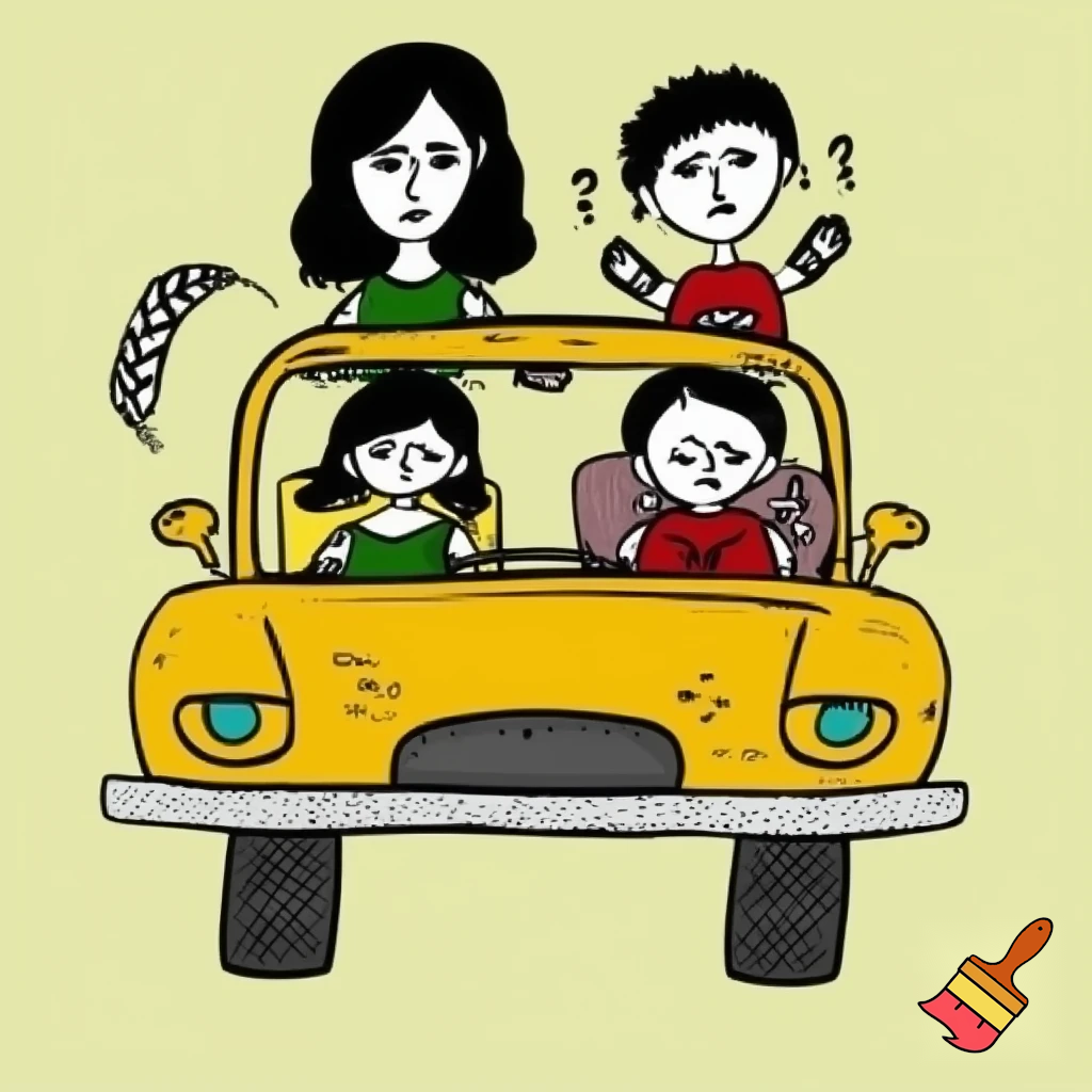 Draw a family 4 a dad with tattoos 7 year old sister 13 year old brother and the mum has tired under eyes in a car

