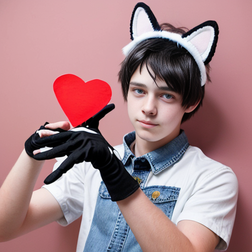 teenage boy with red eyes, black hair, white cat ears, a white shirt with a red love heart in the top right hand side, blue jeans, black gloves with one love heart per glove and a brown cat tail with a white stripe near the tip.