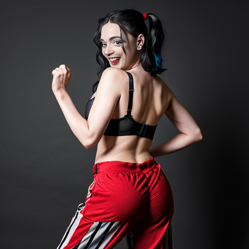 90's disney's 2d aladdin style comic dark blue background and panels of panel 1 a black and red striped cobra slithering then it hears music while it's hood is up which triggers the loop of it's body. 
Panel 2 and eventually the black and red striped cobra transforms into Harley Quinn barefoot with black and red striped harem pants and bra and veil wrapped around her arms and shoulders. 
Panel 3 Harley Quinn barefoot with black and red striped harem pants and bra and veil wrapped around her arms and shoulders with both hand palms place together and hiding the bottom of her mouth, 
panel 4 she danced barefoot with black and red striped harem pants and bra veil wrapped around her arms and shoulders and raising legs and bounced up and down her belly and shook her hips left and right. panel 5 as Harley Quinn barefoot with light black and red striped harem pants and bra and veil wrapped around her arms and shoulders spreading her arms, happily revealing her face to the viewer and giving a smile as she turns around swaying her big butt left and right. 
Panel 6 as Harley Quinn barefoot with black and red striped harem pants and bra and veil wrapped around her arms and shoulders did she faded away except her big butt. 