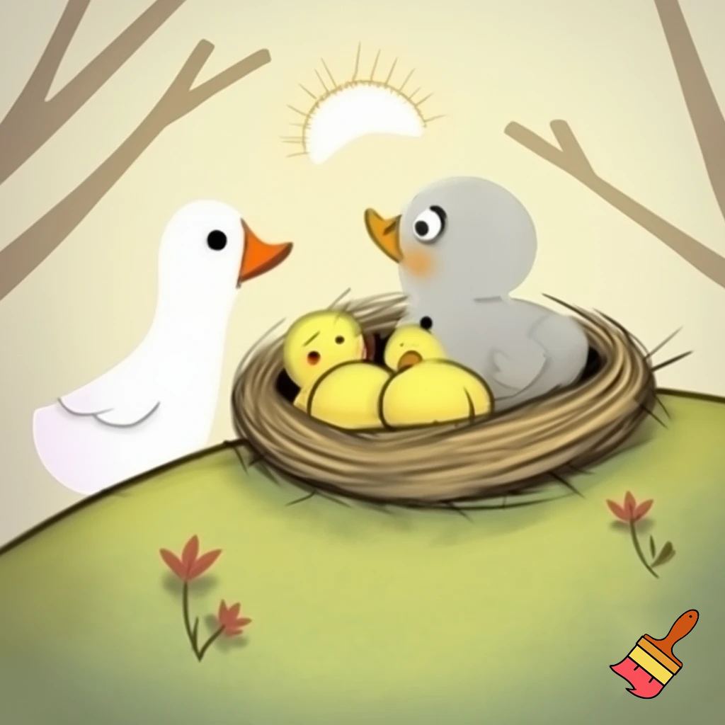 “A different chick is born in the nest.”


Background:

Slightly curved grassy ground (with small hillock shapes on top)

At the back, 2 short, leafless thin tree branches or reeds (not too complex, just to complete the scene)


Center section (focus point):

A slightly oval nest

Nest edges: Minimal straw effect consisting of 6–7 regular lines

4 chicks inside the nest:

3 small ducklings → yellow, round-edged, sweet little characters

1 large duckling → light gray, larger, slightly long-necked, with a bigger head



Character Details (Simple but meaningful)

Mother duck:

On the left, looking at the nest

Medium-sized body, minimal single-line wings

Eye → single black dot

Beak → triangular, very little detail

Slightly bent neck → conveys a feeling of “love and surprise” but is not difficult to draw


Ducklings:

The small ones →

Round head

Small oval body

Tiny triangular beak

Two are looking at the mother, one is looking at the big duckling (meaningful fictional scene)

Big chick →

Body and head 35% larger

Neck slightly longer

Facial expression → slightly surprised and sad but simple
Nest → Light/medium brown (single tone)

Grass → Light green (no shadows)

Small chicks → Yellow

Large chick → Light gray or pale beige

Mother duck → White + orange beak

Tree/reed → Light brown single color
A distant, small sun above the nest (half circle + 5 short rays)
2 small flowers in the grass (red or pink; simple drawing with only 5 leaves)