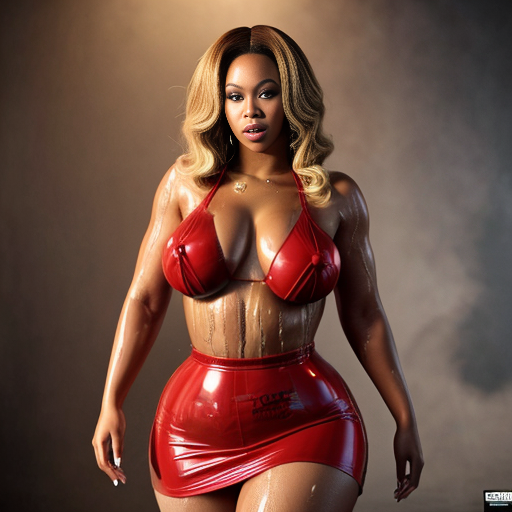 Beyonce  fat juicy in wet in a red latex top with latex skirt with long red nails with honey blonde hair 