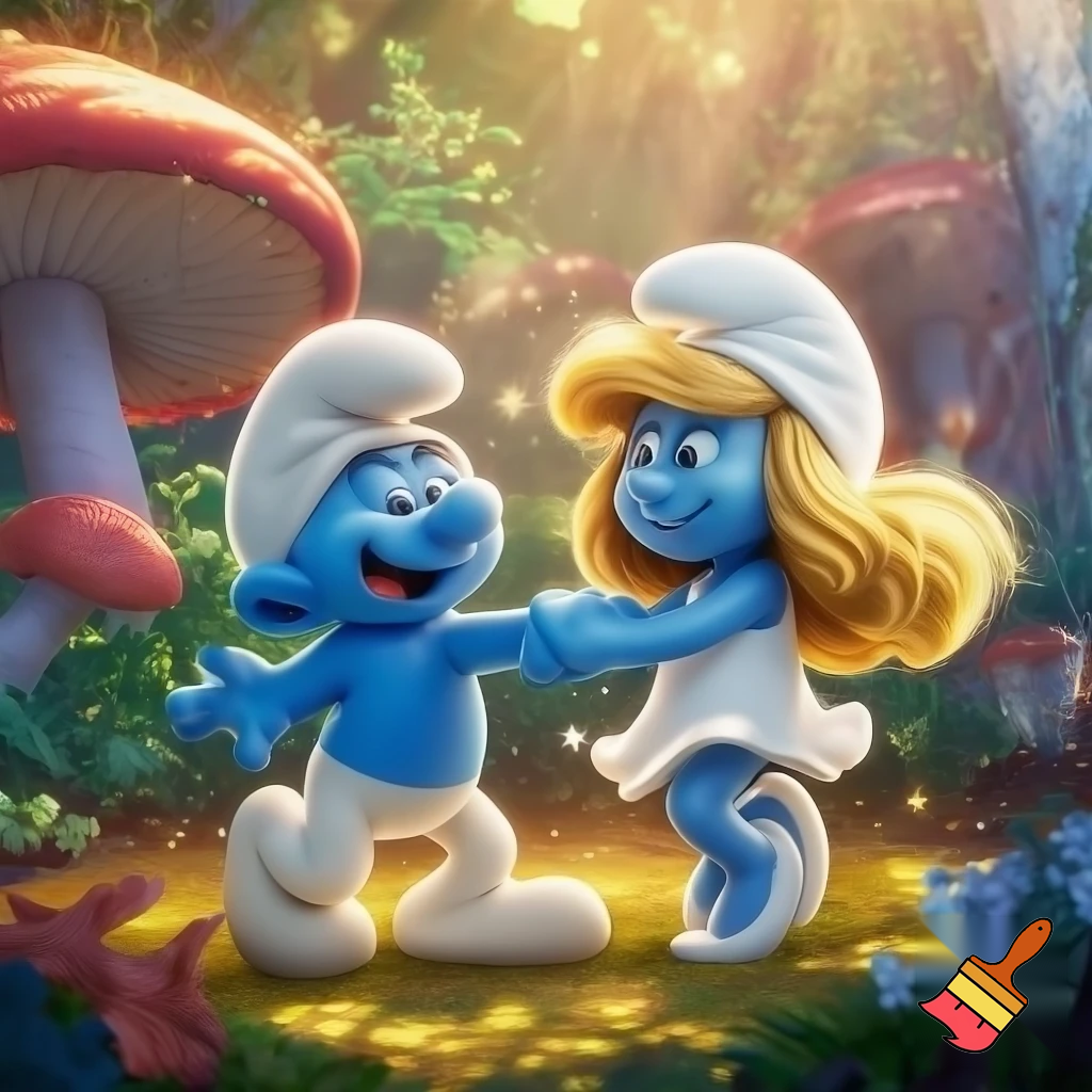 Show me a Smurf and Smurfette dancing together.
