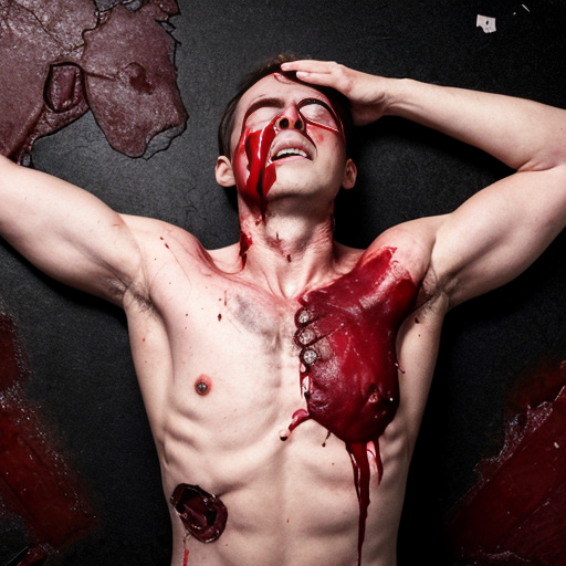 A corpse shirtless man, died, face are hiding by shirt with cut eye part (not eye human), eye closed, chest fully opened wounded circle on center, blood everywhere. Gibs and ribs (from chest bone) everywhere and broke, organs piece by piece.