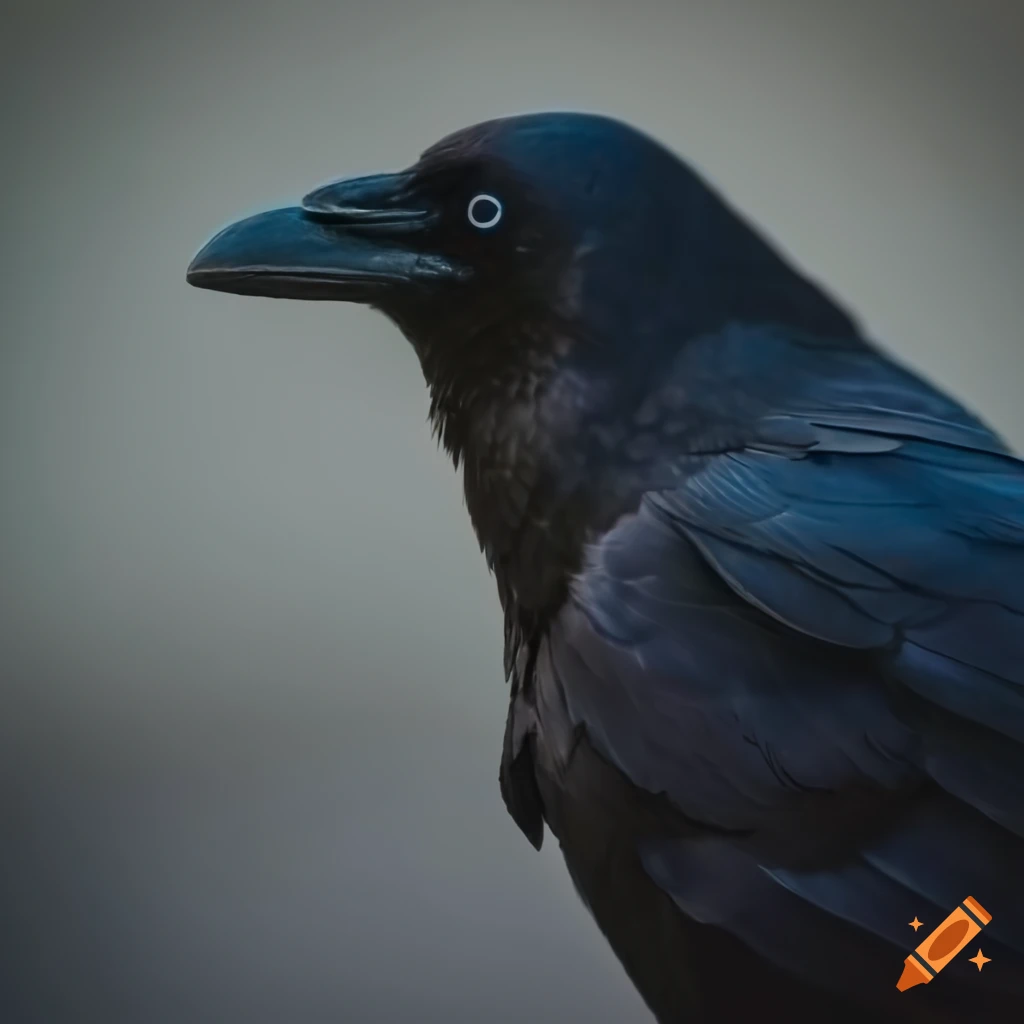 Close shot of the head of a dark raven perched on an old sign at dusk
