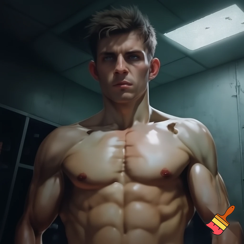 A mixed martial artist who has gone down two weight classes for a fight. His cheeks are sunken and his ribs are visible and his muscles stand out alarmingly. Nonetheless, he stands tall and steady. His eyes are watery blue, his hair is brown and his ears stick out. 