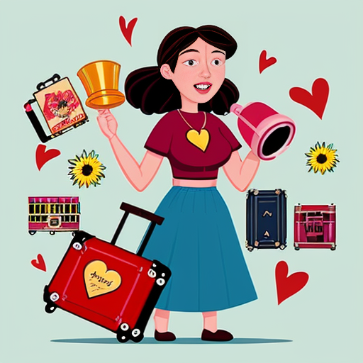 caricatura animada mujer con maleta llena de recuerdos , megafono y un corazon floreciendo