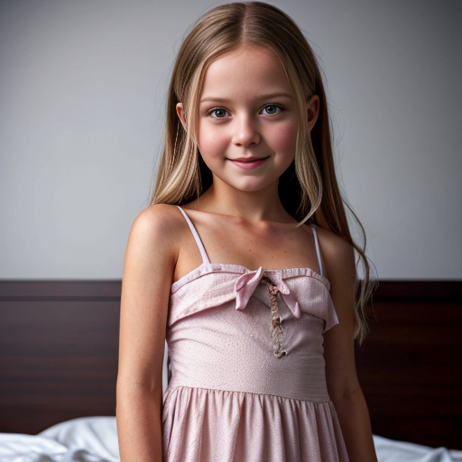 swedish little girl, long brunette hair, night dress, on the bedroom