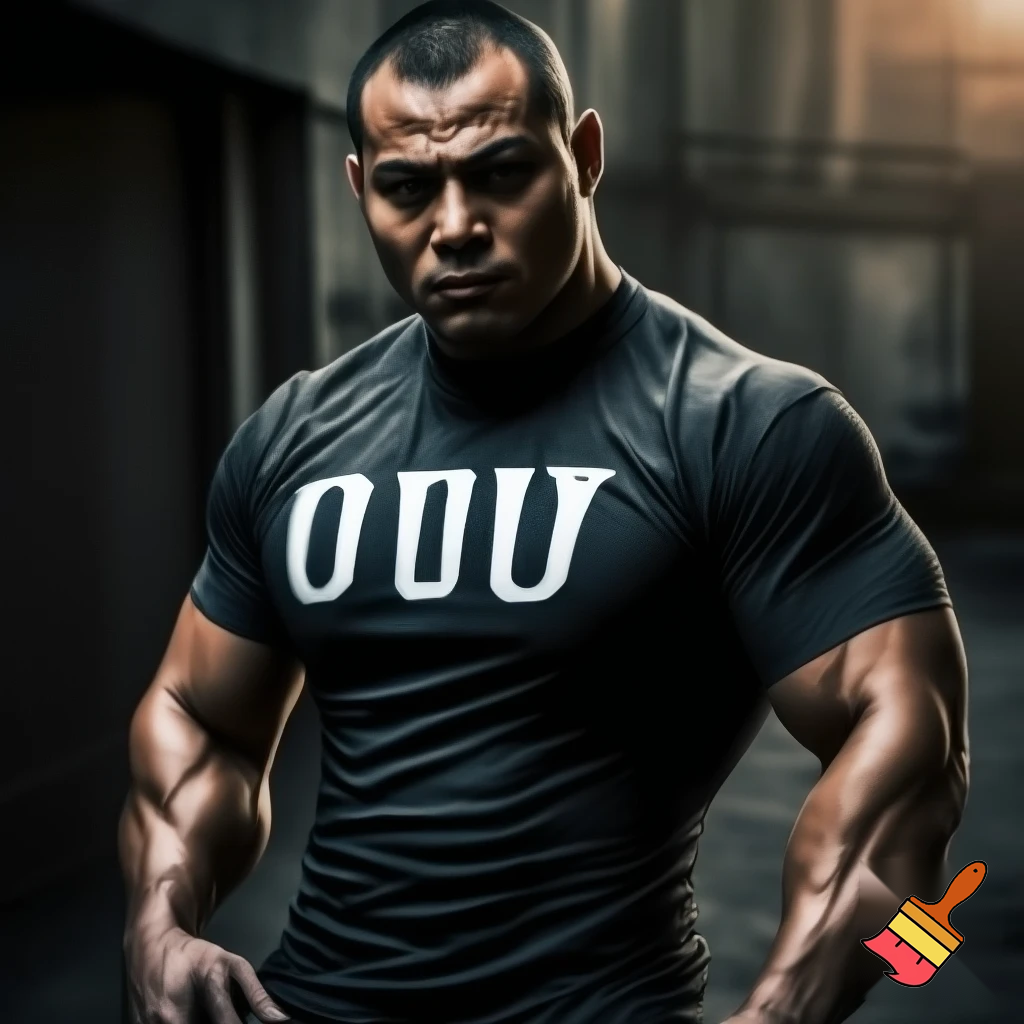 Make   A photo of a guy named Emil who is a gigachat and super strong his name shall be on his shirt and it’s Emil