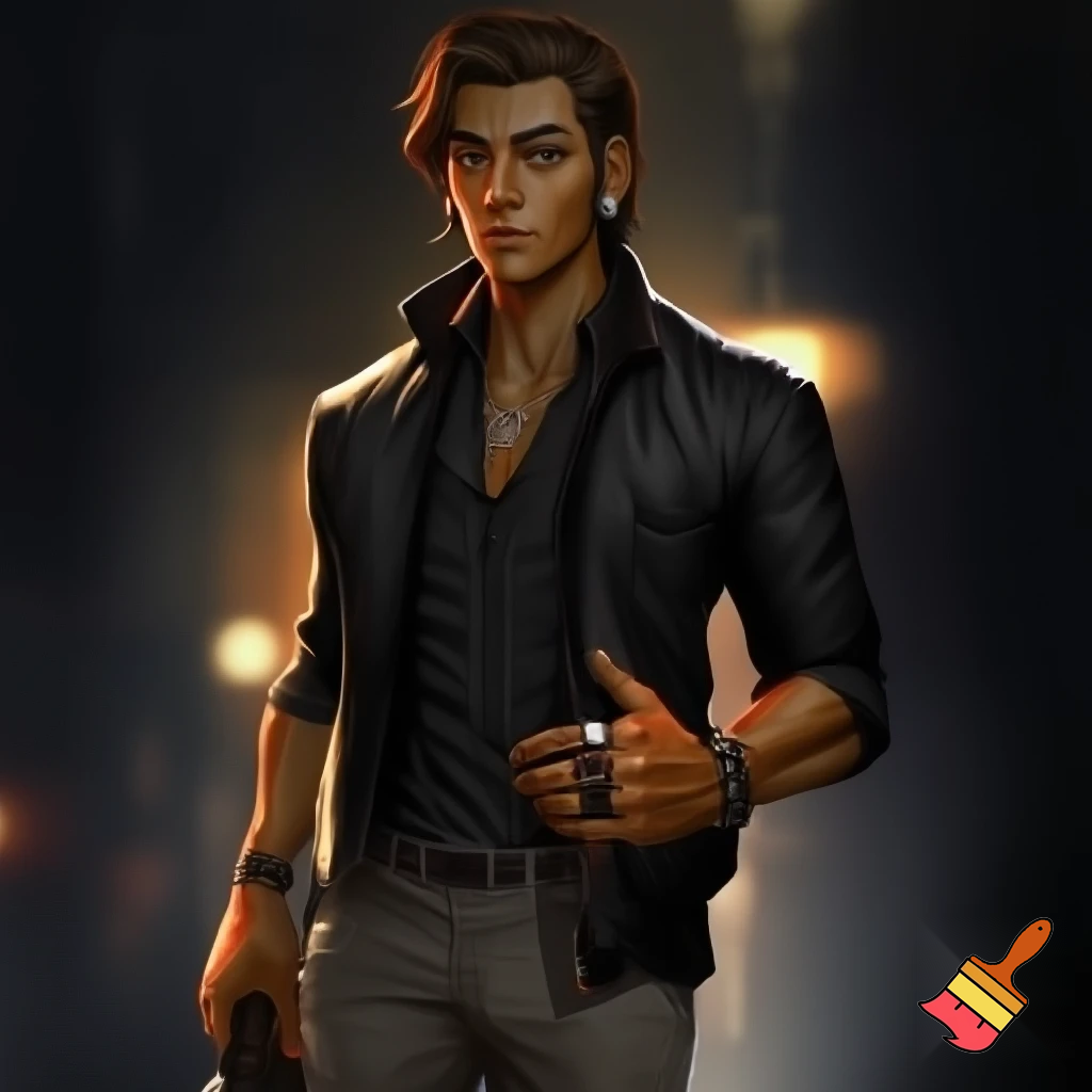Generate an image of a tall, scrawny man with radiant, polished wood-toned skin. He has curly black coffee hair, styled slightly messy, and sharp, masculine features. His expression is gentle and thoughtful, hinting at inner turmoil.

He wears a black leather windbreaker over a slightly unbuttoned black cotton dress shirt, tailored pleated chinos, and lace-up combat boots. Accessories include silver stud earrings, a silver ring with a red dragon's eye, a black ring with rose gold star shapes, an onyx and lava rock necklace, and a studded bracelet. His shirt sleeves are rolled up, displaying vascular forearms. Set him against an urban backdrop.