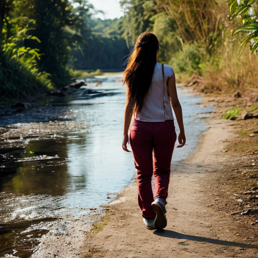 “Teen girl dressing pants in Amazon dawn, teen girl walking beside a river, warm golden light.