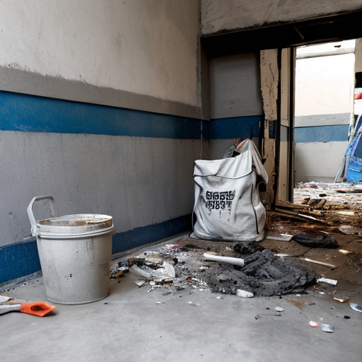 A chaotic construction site. A raw, dark-grey concrete subfloor, severely cracked and spalling. Piles of gray dust, scattered brick debris, an empty sack labeled "CEMENT," discarded paint buckets, and bare, unpainted walls.