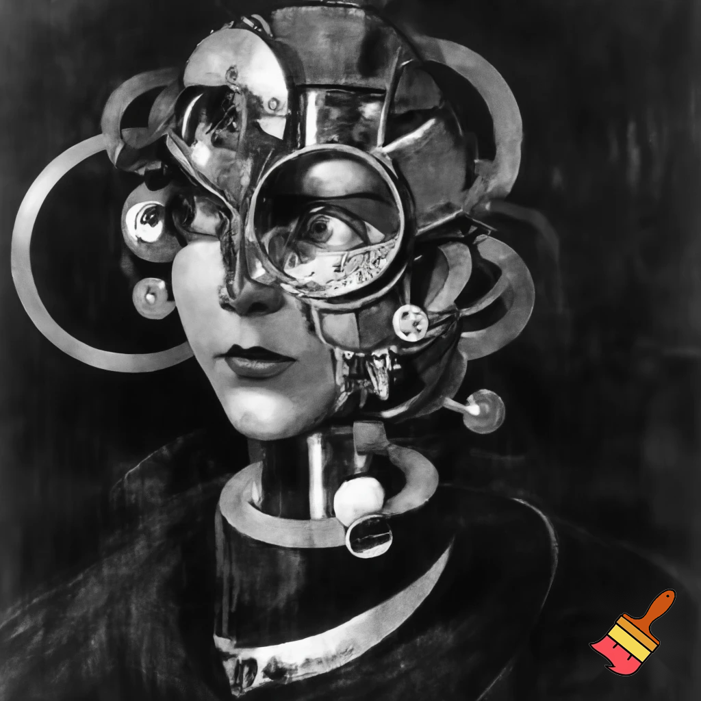 Bio-mechanical girl portrait, noise art. In the style of a 1920's German Expressionism. Black & white.