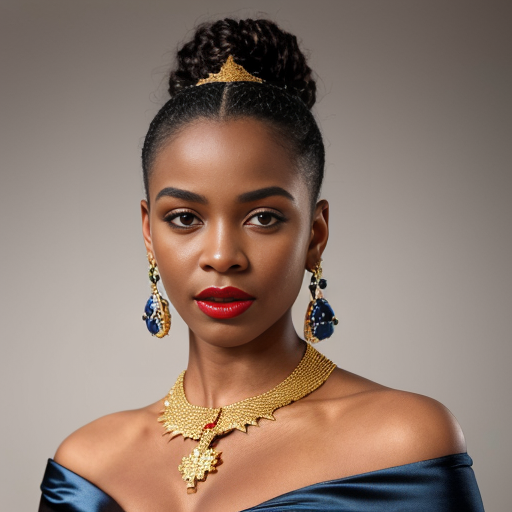 Generate an art-portrait of a young and beauty Black woman. She wears a blue satin off-the-shoulder top, red lipstick. With jewellery: big golden necklace and great earrings with sapphires. The image has a background with gold flakes and gold leaf. 
