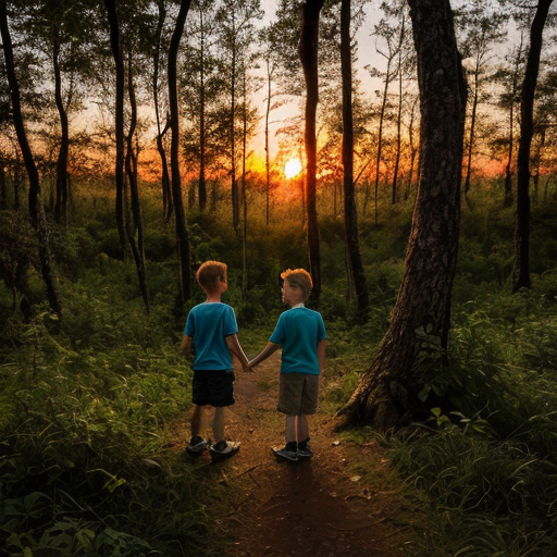 One girl one boy kids in a forest back to back in a sunset